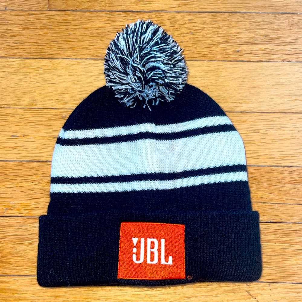 JBL Black & White Striped Beanie with Pom Pom